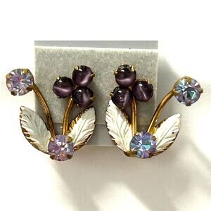 Vintage Crystal AB Rhinestone And Bead Flower Clip On Earrings Made in Austria